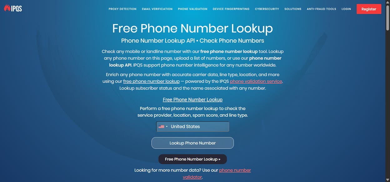 [Screenshot of ipqualityscore.com/free-phone-number-lookup showing the simple search interface and result table]