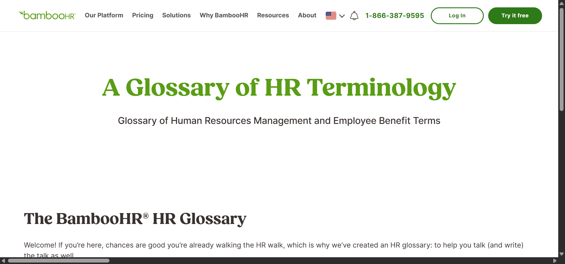 [Screenshot of bamboohr.com/resources/hr-glossary showing the alphabetical index of HR glossary terms]
