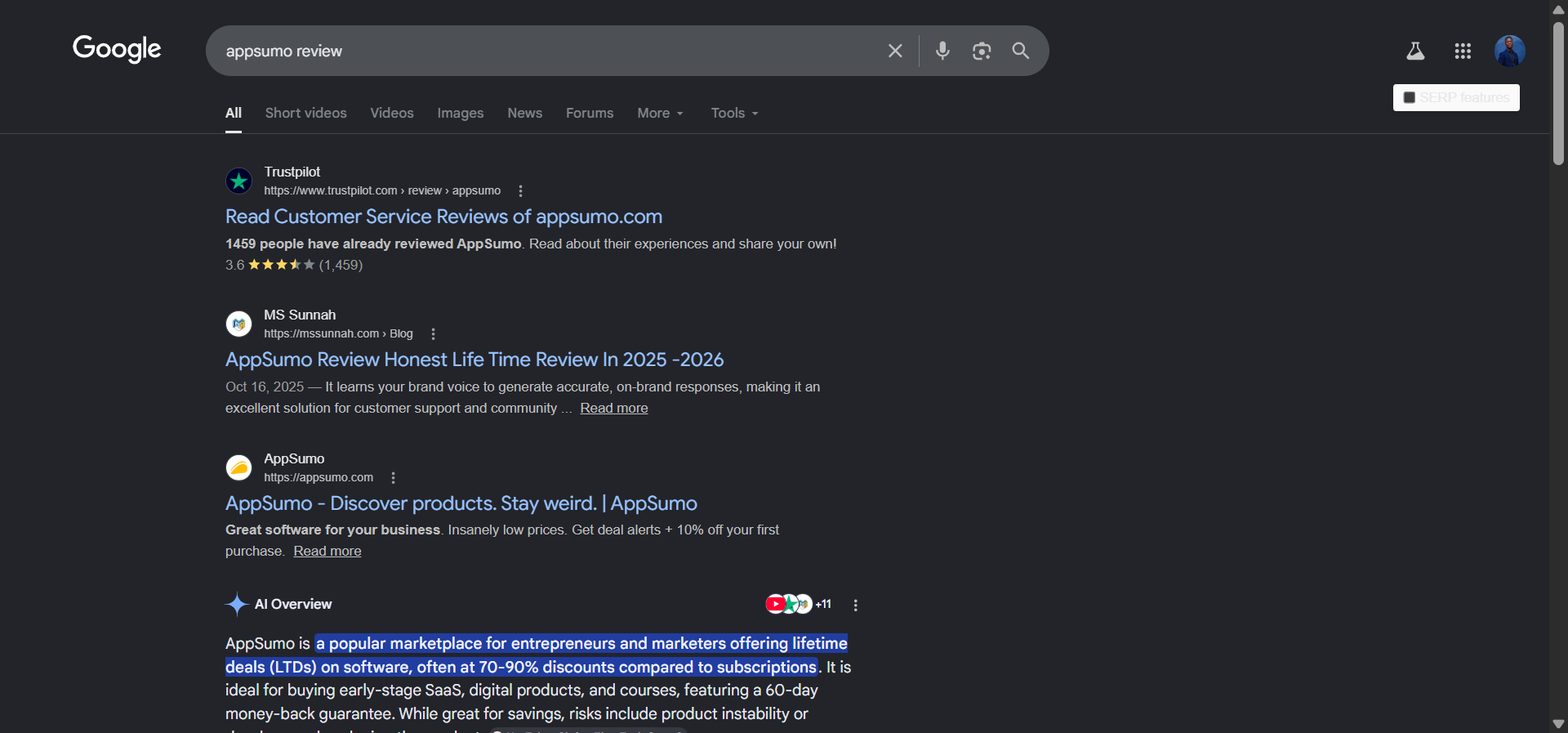 [Description of screenshot to use: Google search results page for the query &ldquo;{your brand} review&rdquo; showing your site in position 3 and a competitor comparison site in position 1, with the SERP features visible]