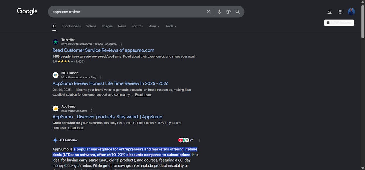 [Description of screenshot to use: Google search results page for the query &ldquo;{your brand} review&rdquo; showing your site in position 3 and a competitor comparison site in position 1, with the SERP features visible]