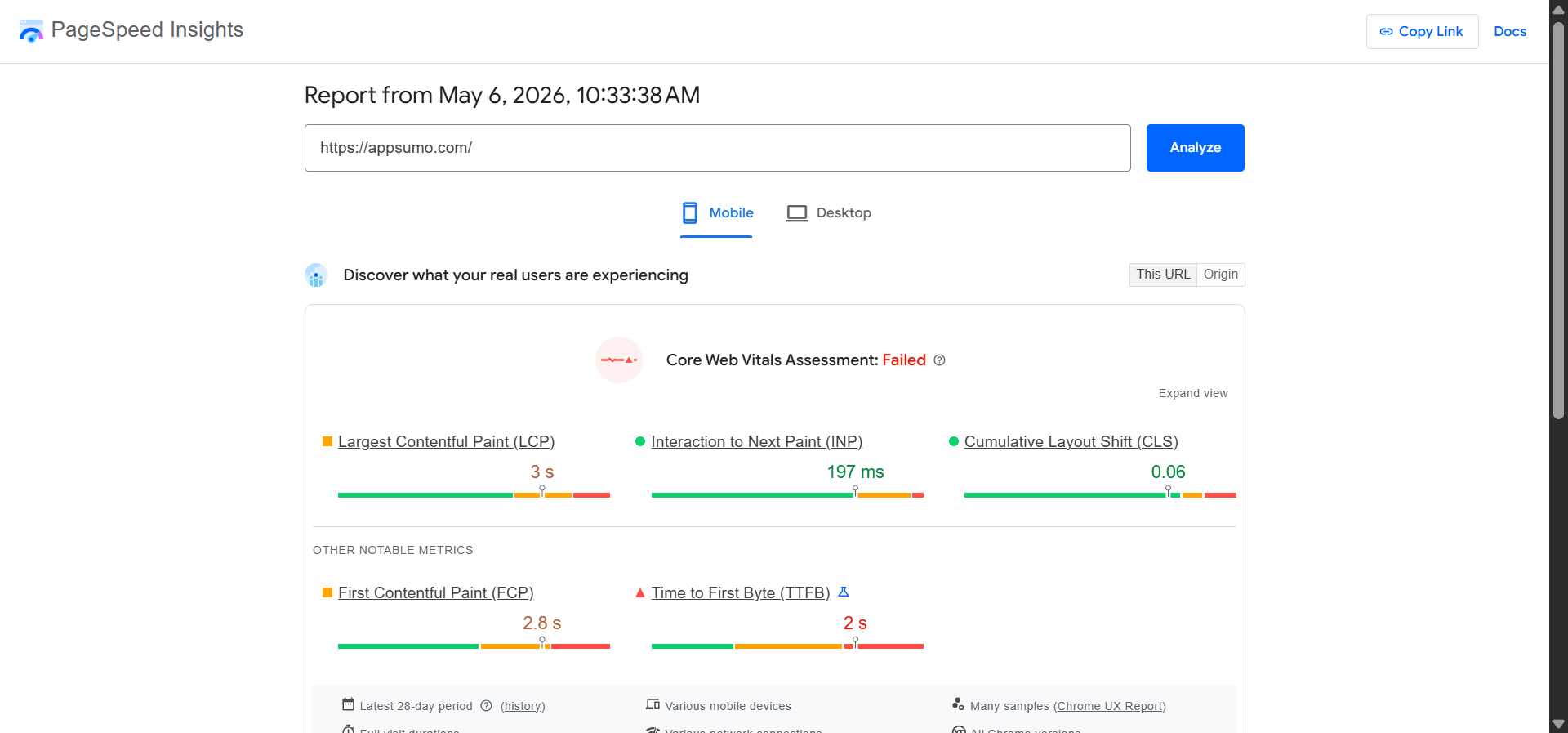 [Screenshot of PageSpeed Insights for a single URL, with the LCP score visible, the LCP element highlighted in the diagnostics panel, and the LCP subparts breakdown shown]
