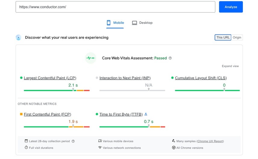 [Screenshot of PageSpeed Insights for a real URL, showing the &ldquo;Core Web Vitals Assessment&rdquo; with the LCP gauge in green/yellow/red]