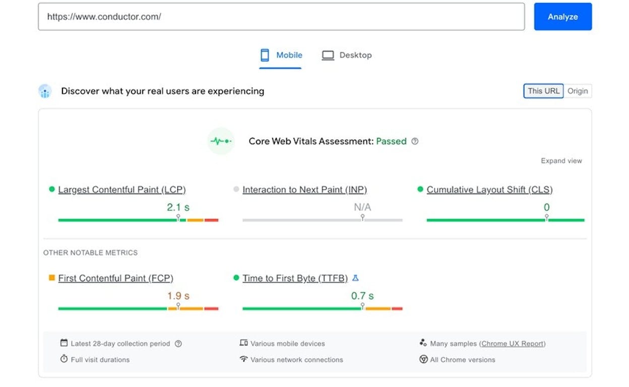 [Screenshot of PageSpeed Insights for a real URL, showing the &ldquo;Core Web Vitals Assessment&rdquo; with the LCP gauge in green/yellow/red]