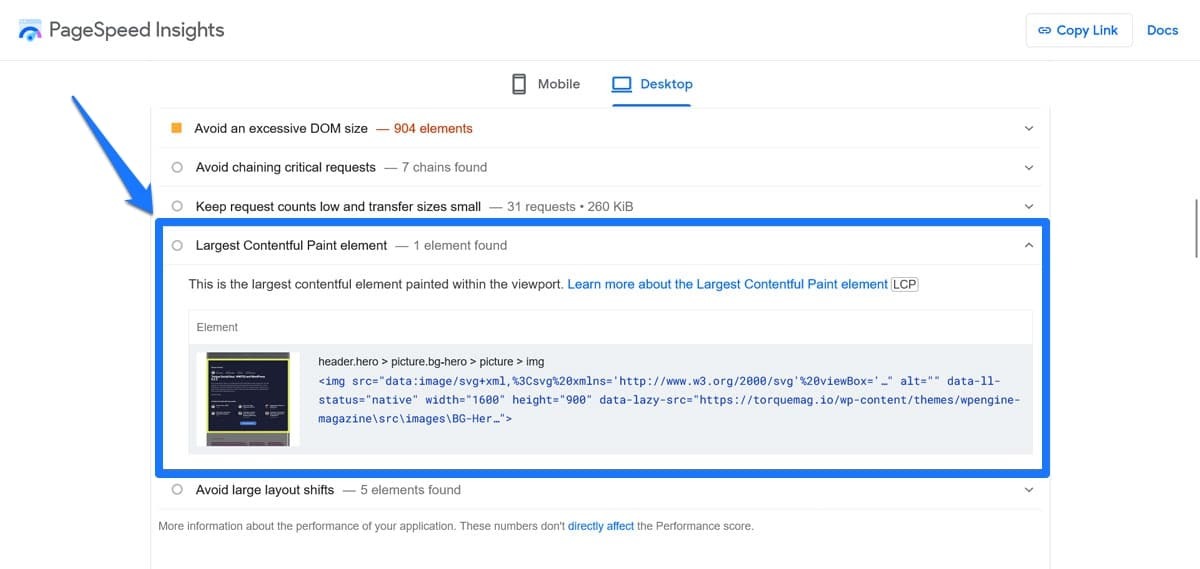 [Screenshot of the same PageSpeed Insights report scrolled down to &ldquo;Diagnostics&rdquo;, with the &ldquo;Largest Contentful Paint element&rdquo; entry expanded to show the highlighted DOM node]
