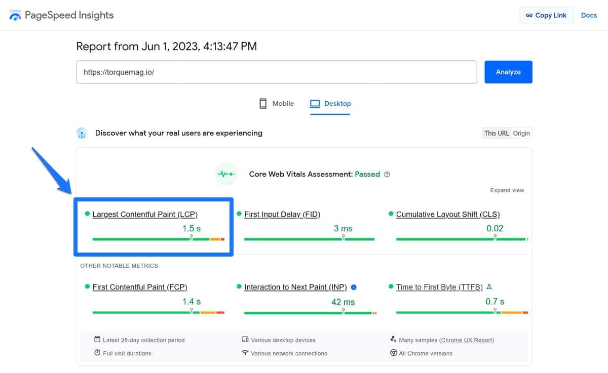 [Screenshot showing the expanded &ldquo;Largest Contentful Paint element&rdquo; section in PageSpeed Insights, with the highlighted HTML node visible]
