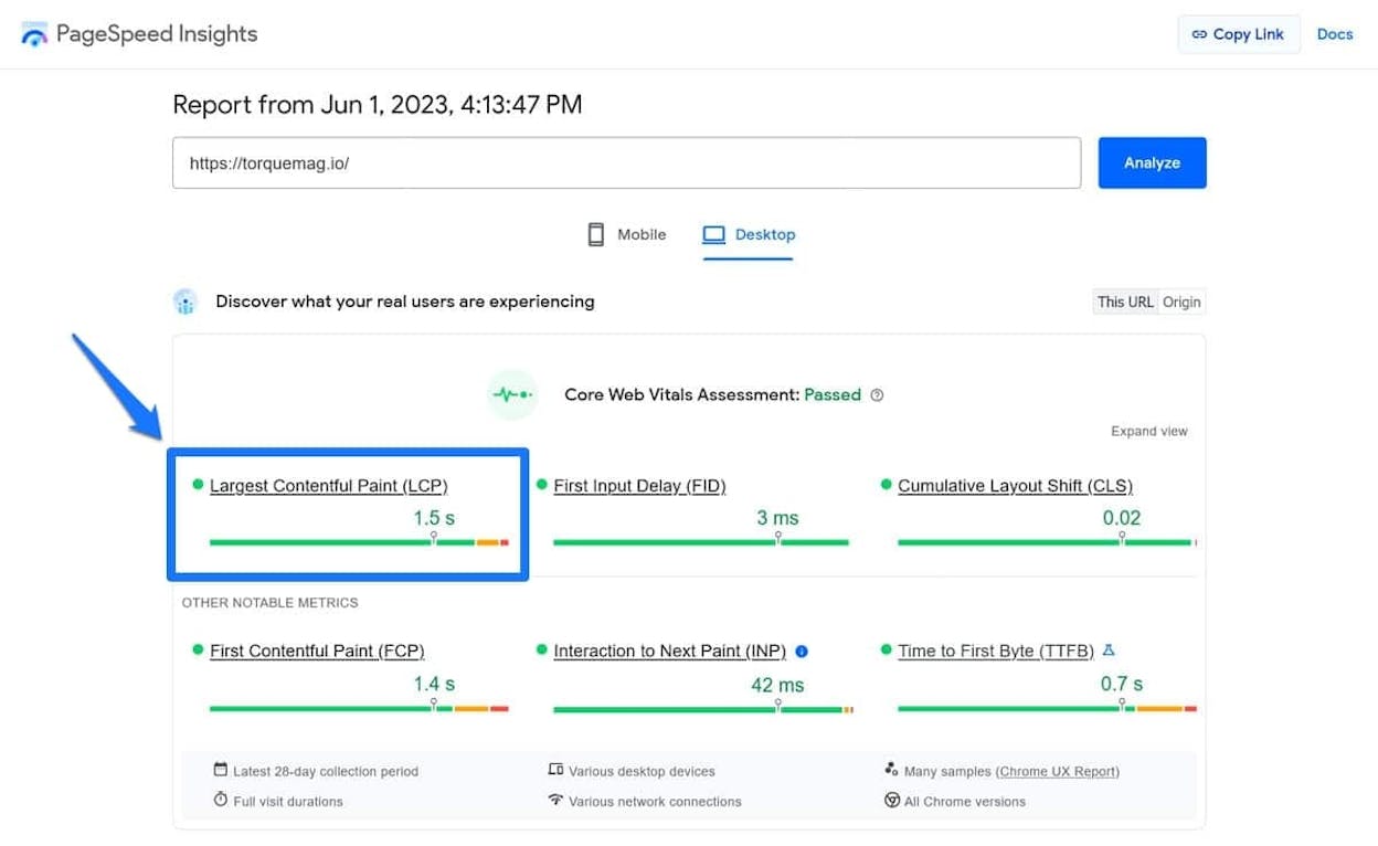 [Screenshot showing the expanded &ldquo;Largest Contentful Paint element&rdquo; section in PageSpeed Insights, with the highlighted HTML node visible]