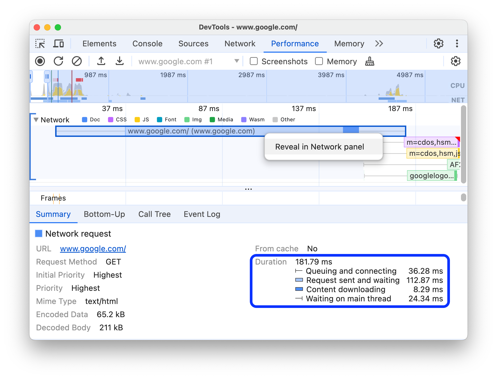 [Screenshot of Chrome DevTools Performance panel with the LCP marker highlighted on the timeline and the Summary panel showing the LCP details]