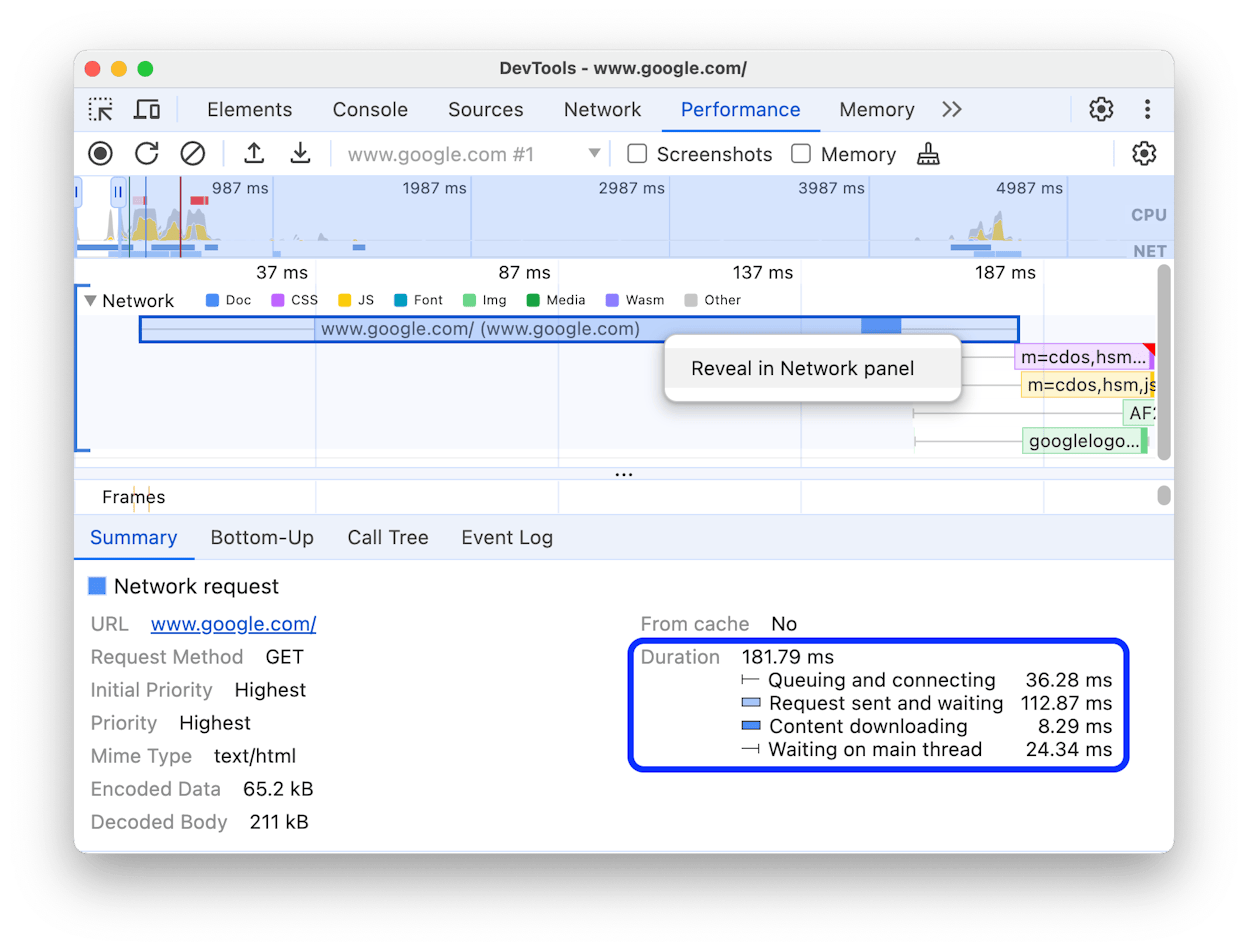 [Screenshot of Chrome DevTools Performance panel with the LCP marker highlighted on the timeline and the Summary panel showing the LCP details]