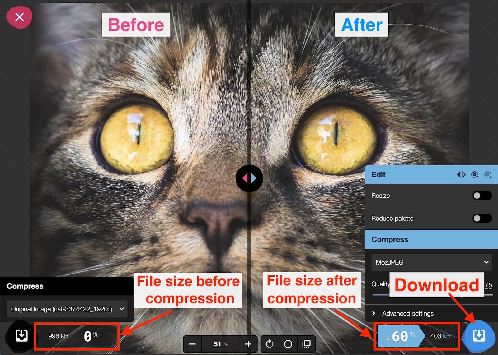 [Screenshot showing a before/after image weight comparison after running through Squoosh, e.g., 1.2 MB JPEG on the left and 180 KB AVIF on the right]