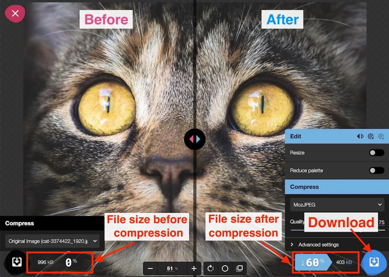 [Screenshot showing a before/after image weight comparison after running through Squoosh, e.g., 1.2 MB JPEG on the left and 180 KB AVIF on the right]
