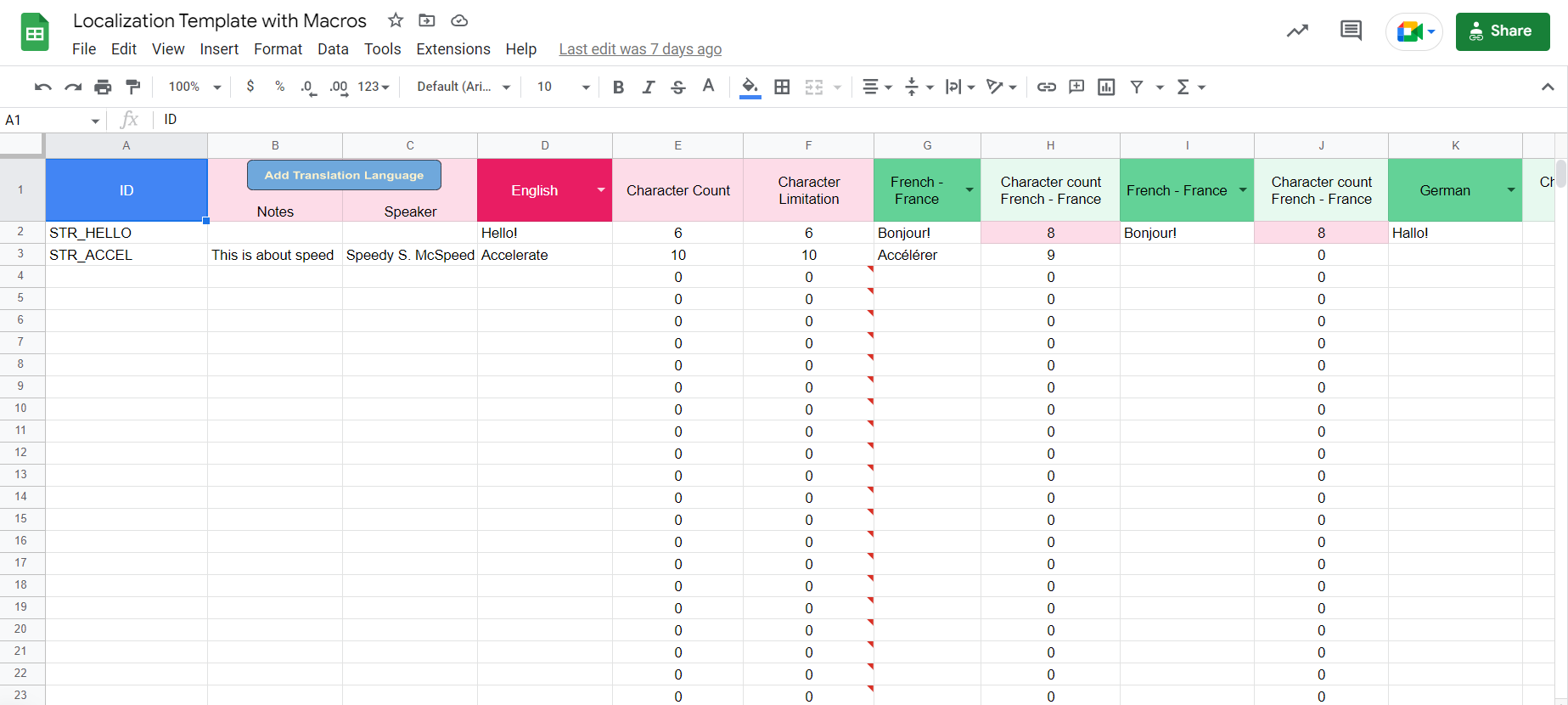 [Screenshot of a localization glossary spreadsheet showing source terms, target translations, context notes, and approval status]