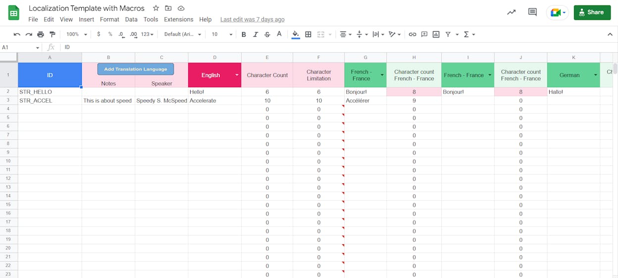 [Screenshot of a localization glossary spreadsheet showing source terms, target translations, context notes, and approval status]