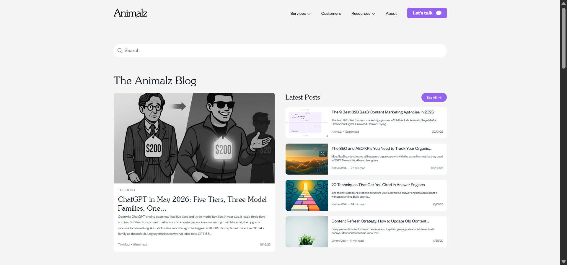 The Animalz blog homepage showing recent thought-leadership articles
