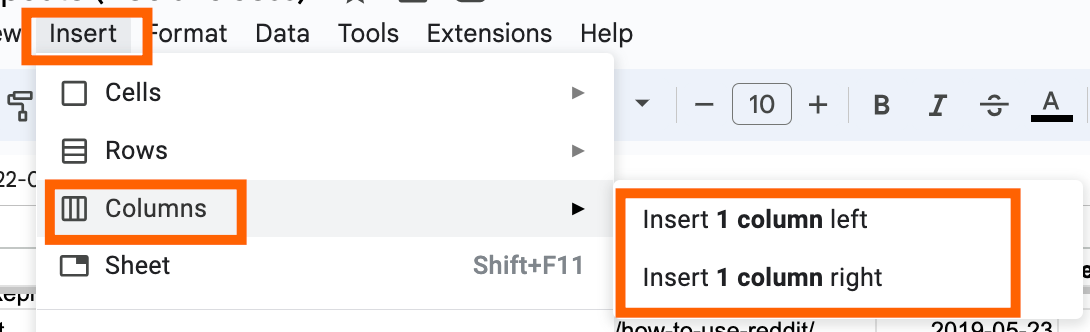 a Google Sheet with URLs in column A and metric headers across row 1