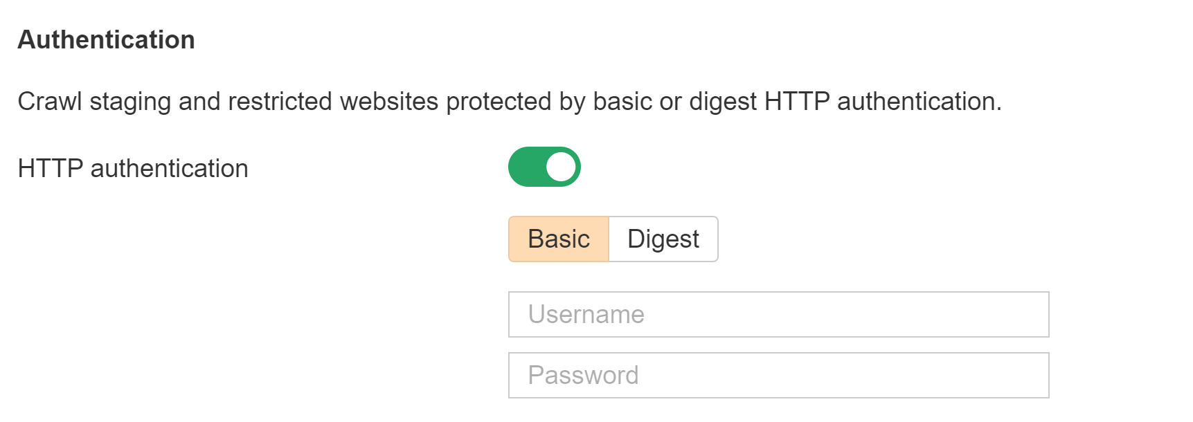 Site audit configured to crawl a staging environment with HTTP authentication enabled, showing the credentials field and the crawl confirmation