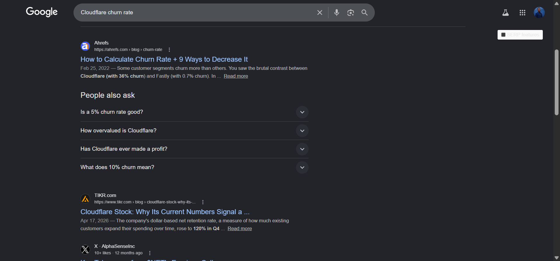 Google SERP for &ldquo;Cloudflare churn rate&rdquo; showing investor articles and earnings call transcripts in the results
