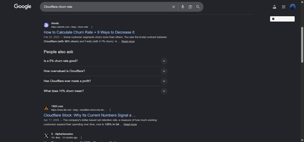 Google SERP for &ldquo;Cloudflare churn rate&rdquo; showing investor articles and earnings call transcripts in the results