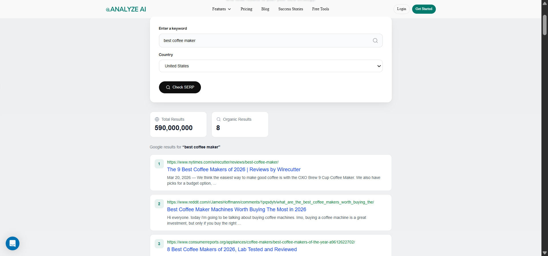 [Screenshot of the SERP checker results page for a target keyword like &ldquo;best coffee maker.&rdquo;]