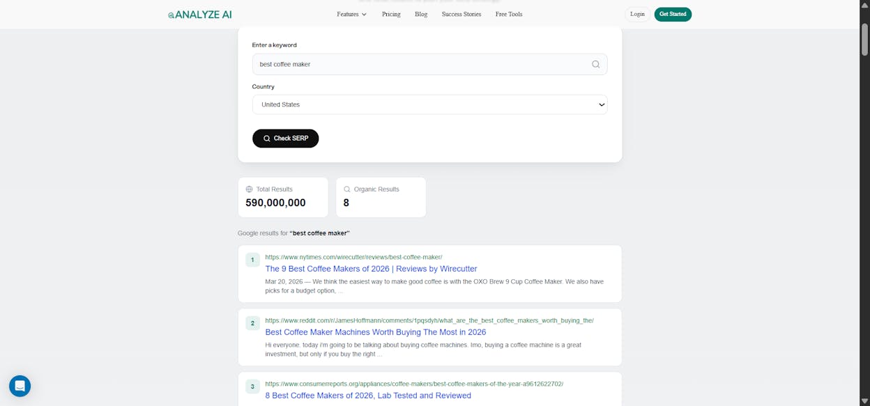 [Screenshot of the SERP checker results page for a target keyword like &ldquo;best coffee maker.&rdquo;]