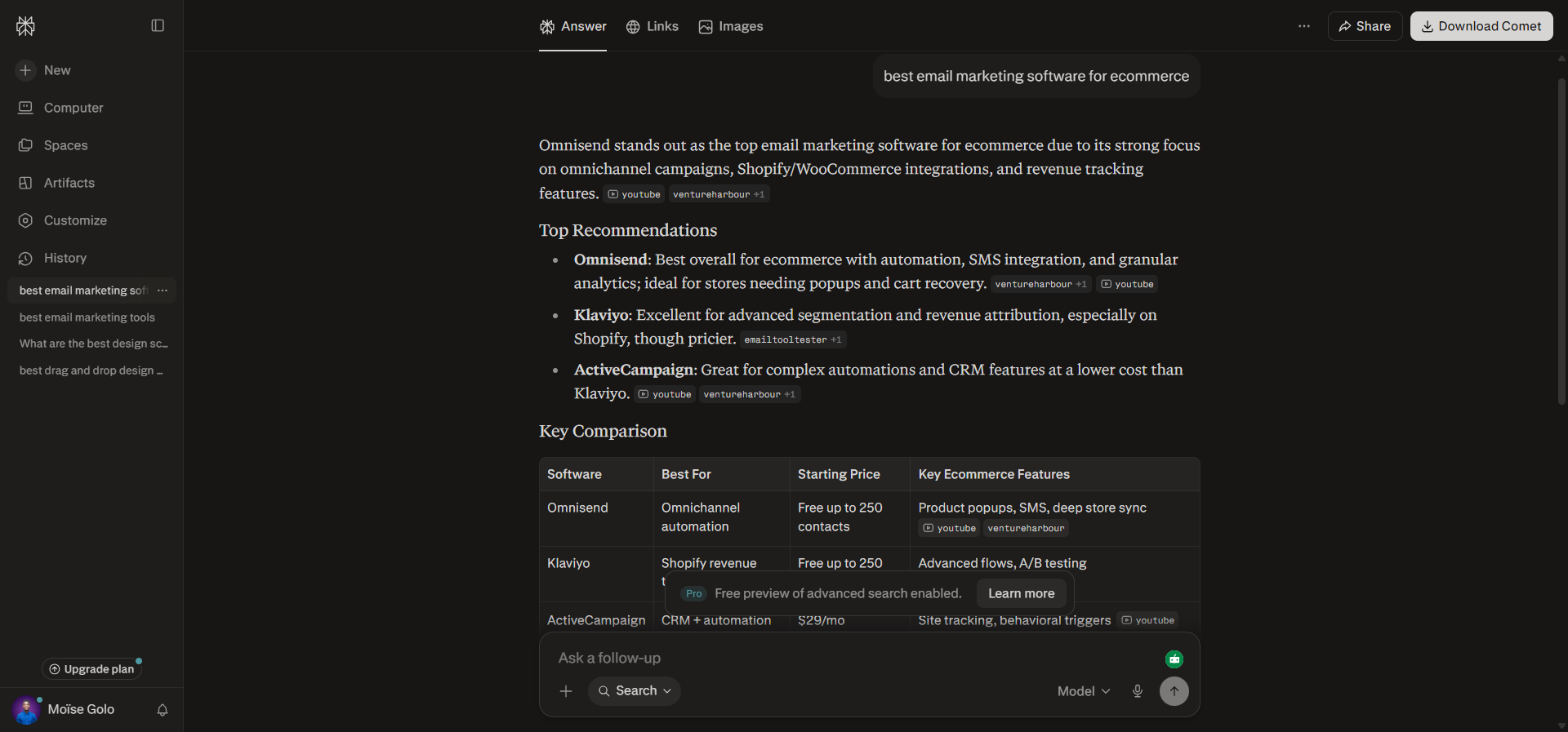 [Screenshot of Perplexity answering a sample prompt like &ldquo;best email marketing software for ecommerce&rdquo; with the brand citations panel visible.]