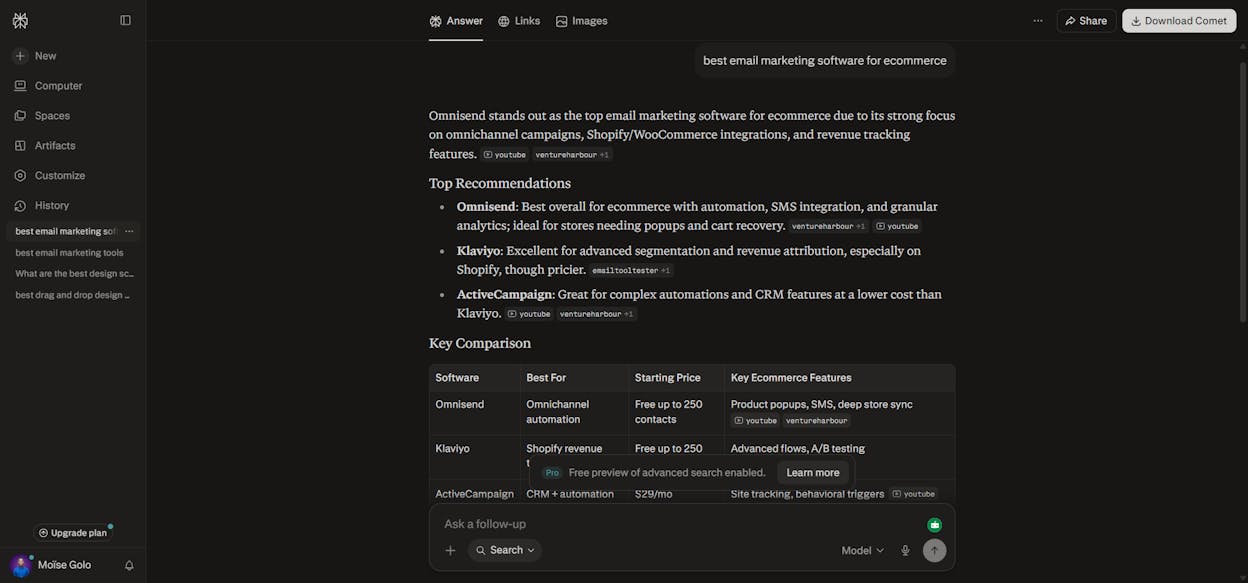 [Screenshot of Perplexity answering a sample prompt like &ldquo;best email marketing software for ecommerce&rdquo; with the brand citations panel visible.]