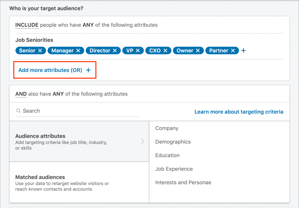 [Screenshot of the LinkedIn Campaign Manager targeting interface showing job title, company size, and industry filters.]