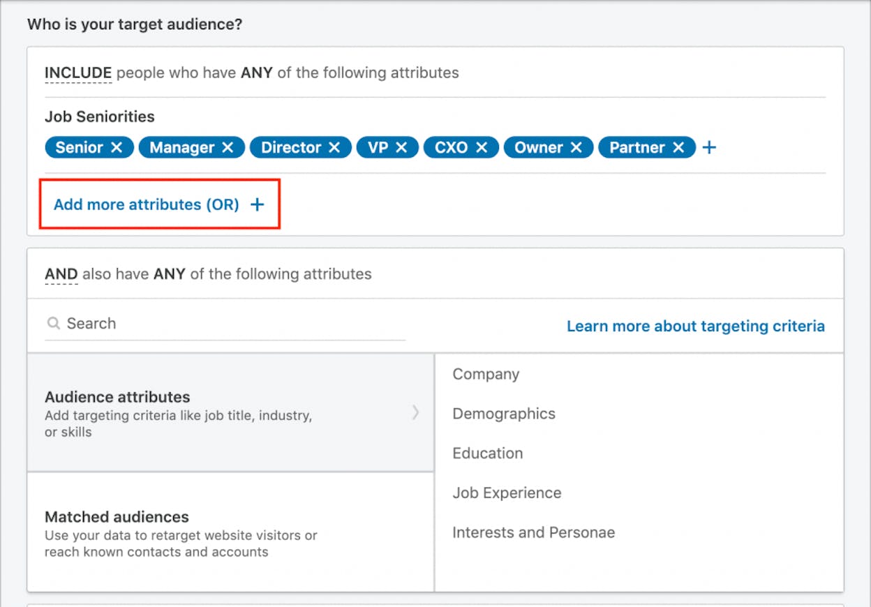 [Screenshot of the LinkedIn Campaign Manager targeting interface showing job title, company size, and industry filters.]