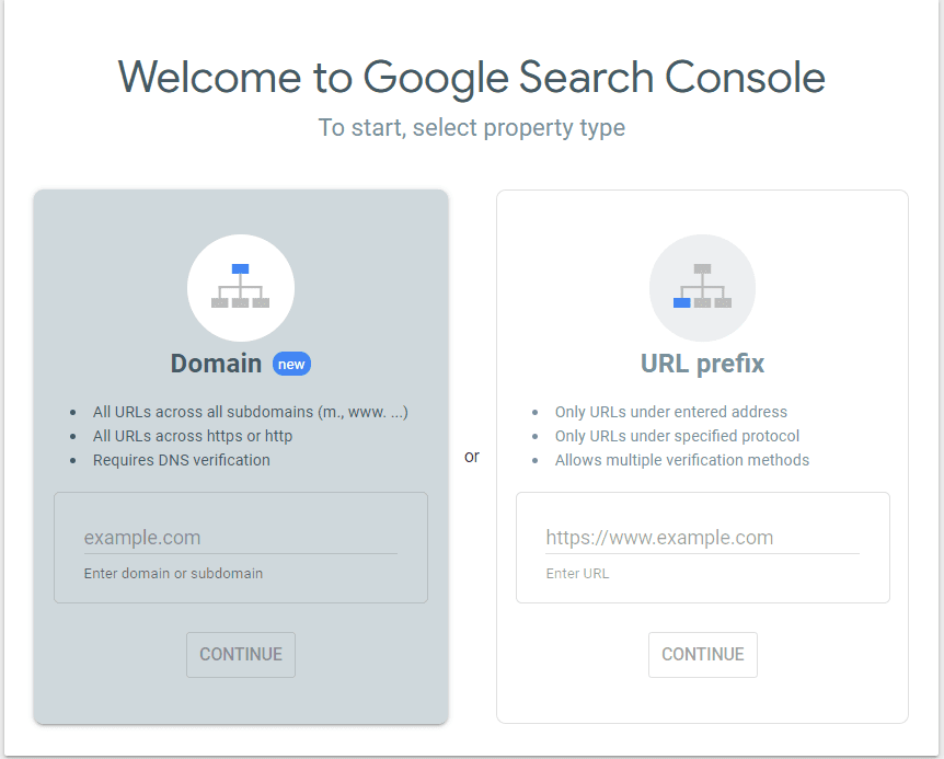 [Screenshot of the Google Search Console welcome screen showing &ldquo;Domain&rdquo; and &ldquo;URL prefix&rdquo; property options side by side]