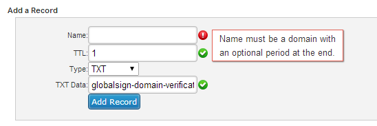 [Screenshot of DNS settings panel with a new TXT record being added, showing the record value field highlighted]