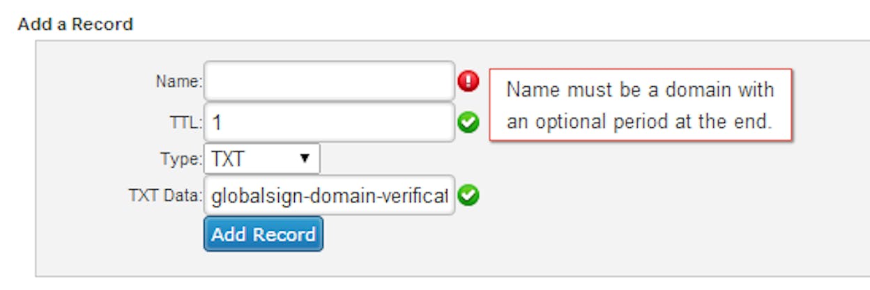 [Screenshot of DNS settings panel with a new TXT record being added, showing the record value field highlighted]