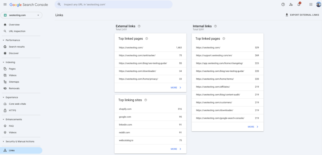 [Screenshot of the Links report in Google Search Console showing Top linked pages sorted by linking sites in descending order]