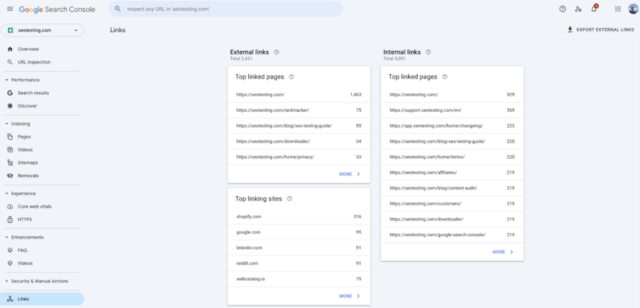 [Screenshot of the Links report in Google Search Console showing Top linked pages sorted by linking sites in descending order]