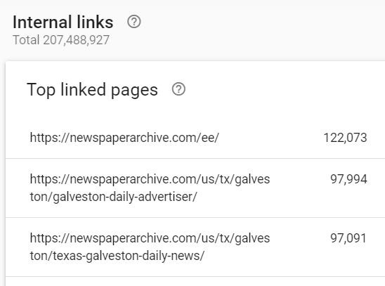 [Screenshot of the Internal links report in Google Search Console sorted by internal link count ascending, showing pages with the fewest internal links at the top]