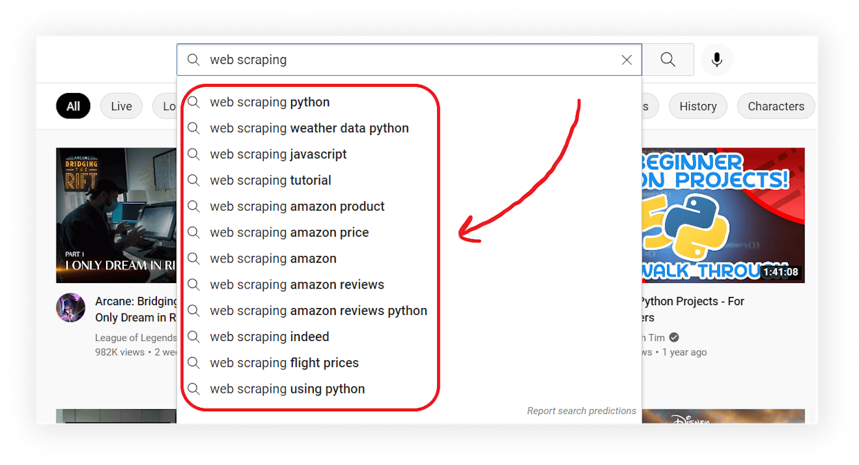 [Screenshot of YouTube autocomplete with a niche query typed in, showing suggested searches.]