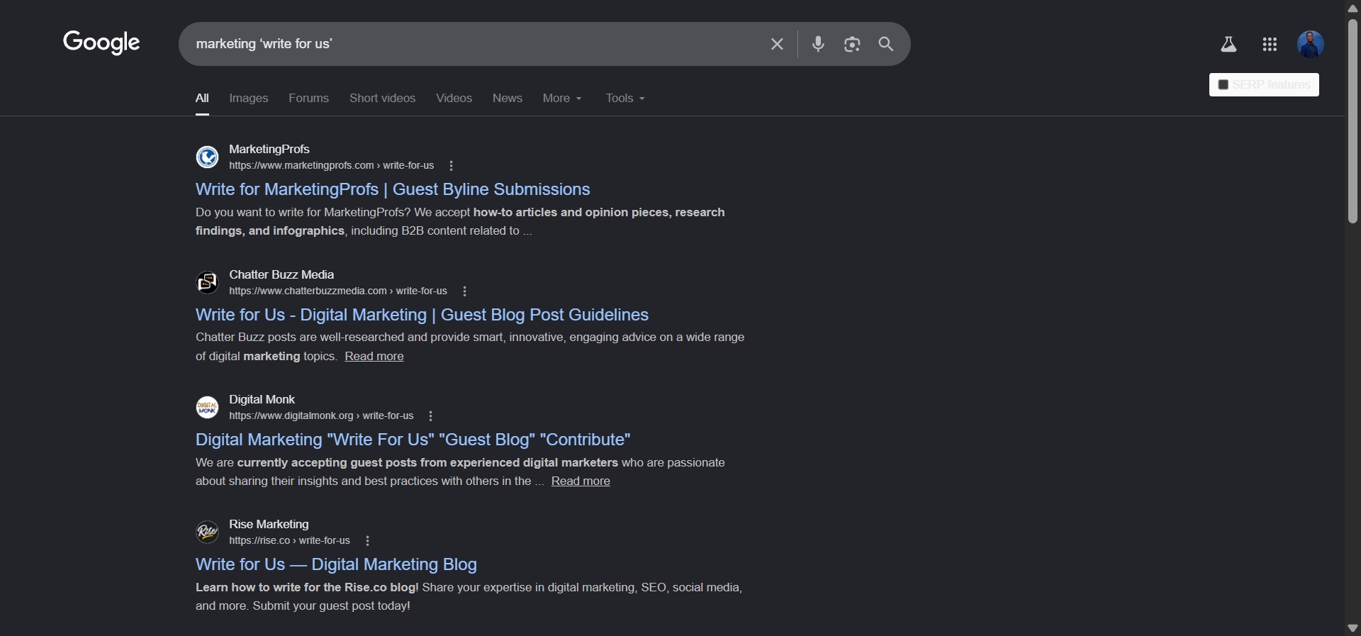 [Screenshot of Google search results for a query like &ldquo;marketing &lsquo;write for us&rsquo;&rdquo; showing a list of guest posting opportunities.]