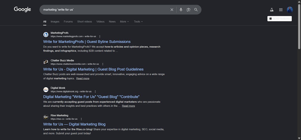 [Screenshot of Google search results for a query like &ldquo;marketing &lsquo;write for us&rsquo;&rdquo; showing a list of guest posting opportunities.]