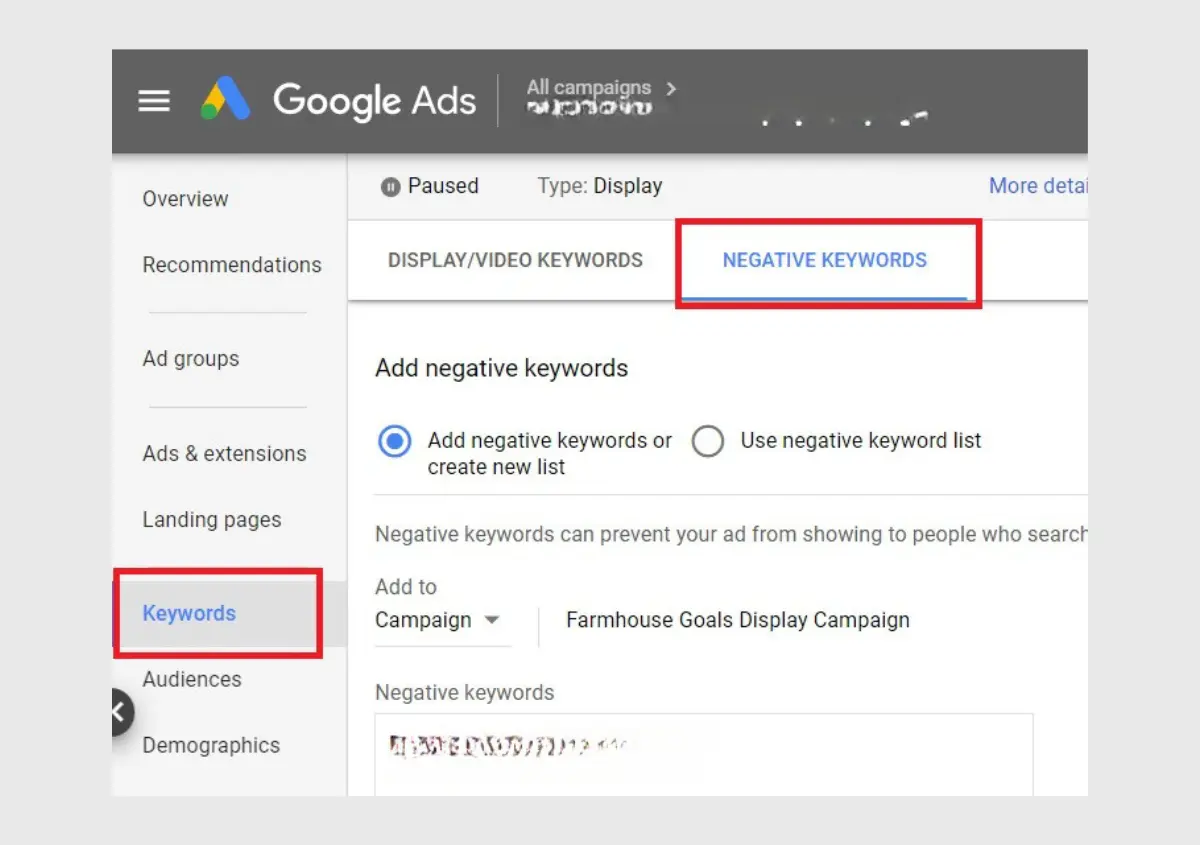 [Screenshot of a Google Ads keyword planner or campaign setup showing negative keywords being added to a campaign.]