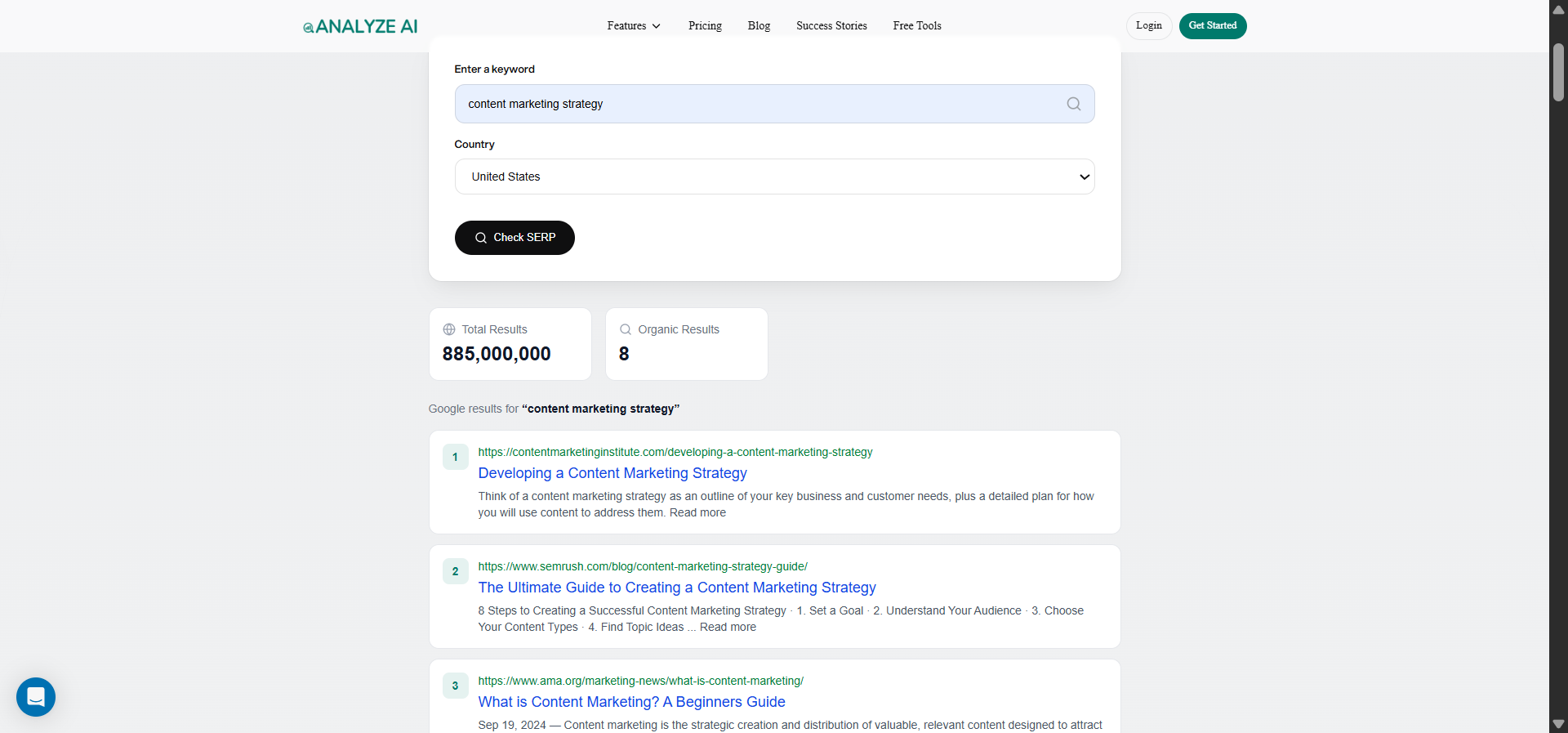 [Screenshot of Analyze AI SERP Checker showing top 10 results for a sample keyword]