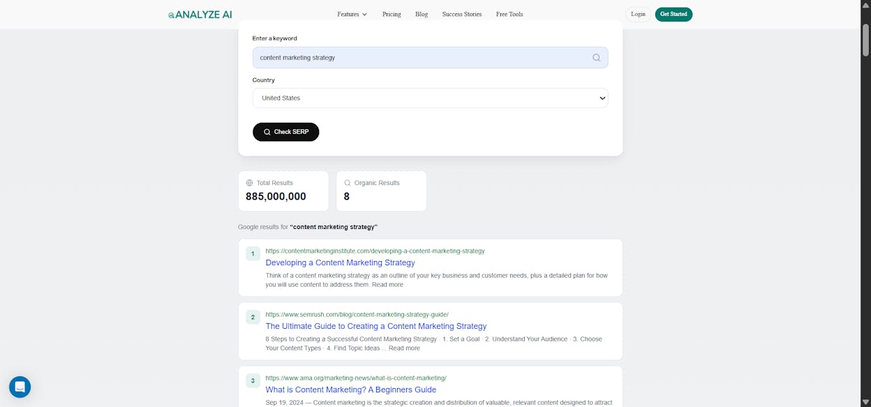 [Screenshot of Analyze AI SERP Checker showing top 10 results for a sample keyword]