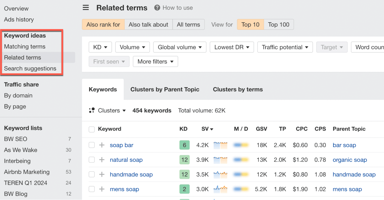 [Screenshot of a Matching terms report in a keyword research tool, with seed keyword highlighted and a list of related keywords with volume and KD]