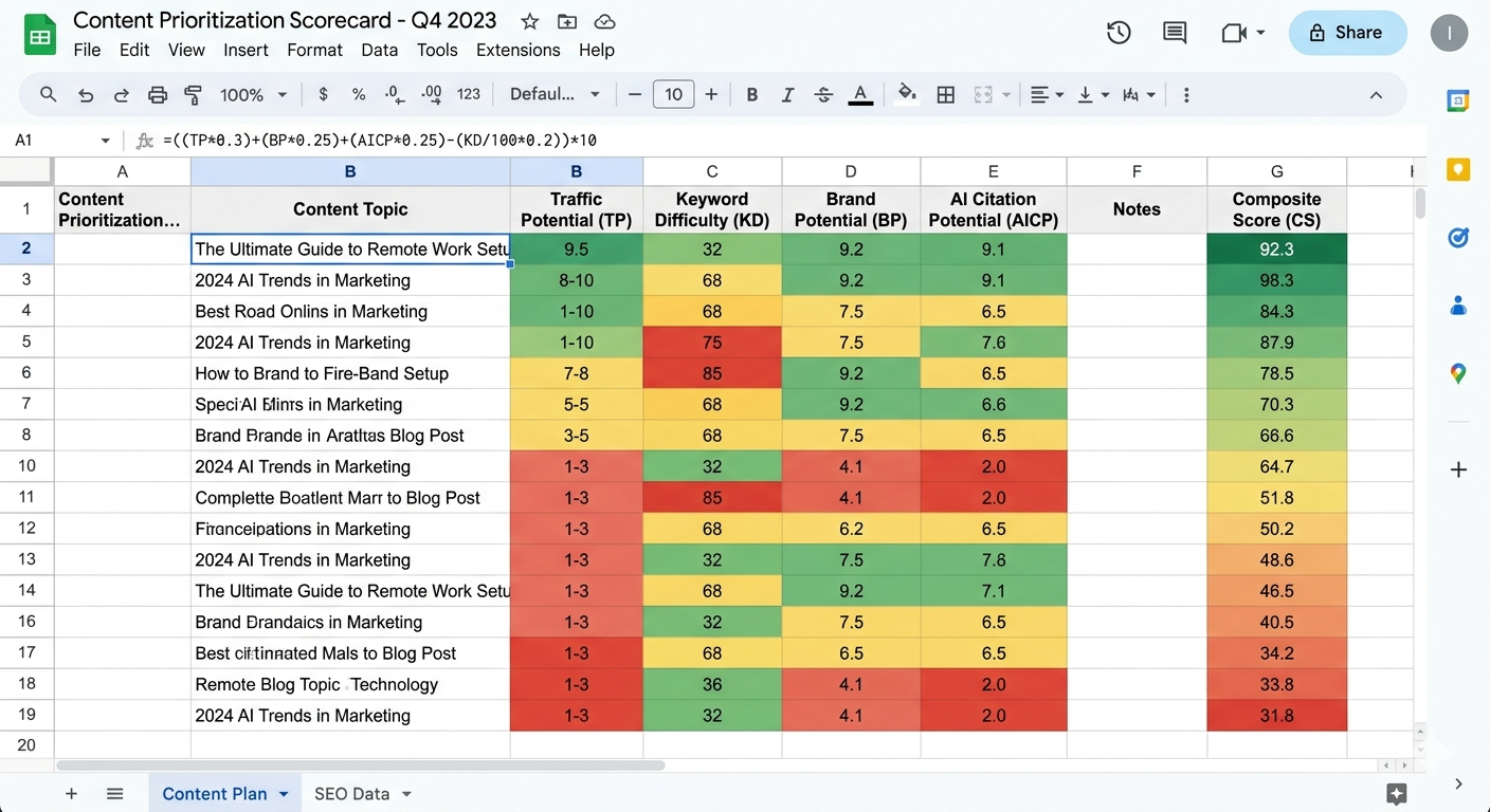[Screenshot of a content prioritization spreadsheet with columns for Topic, TP, KD, BP, AI Citation Potential, all color-coded, sorted by composite score]