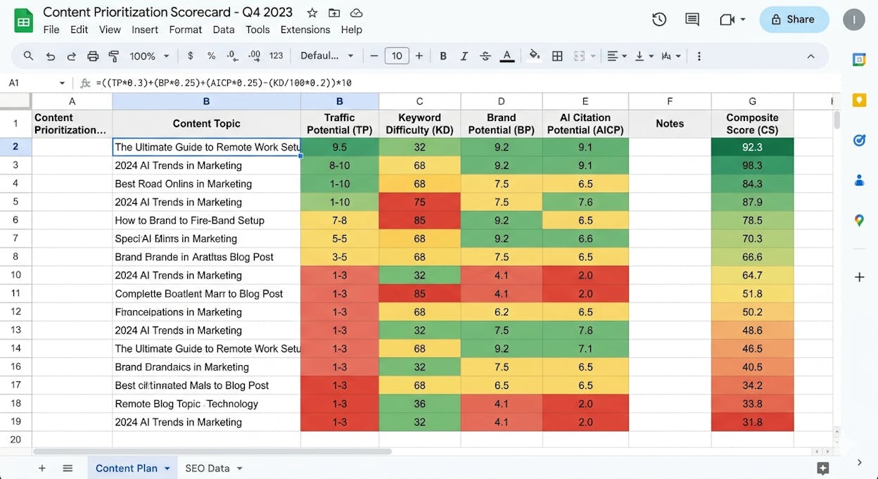 [Screenshot of a content prioritization spreadsheet with columns for Topic, TP, KD, BP, AI Citation Potential, all color-coded, sorted by composite score]