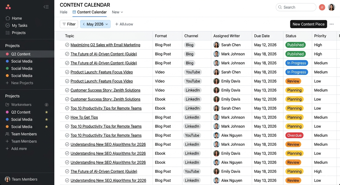 [Screenshot of a content calendar in a project management tool, with topics, due dates, status columns, and assigned writers]