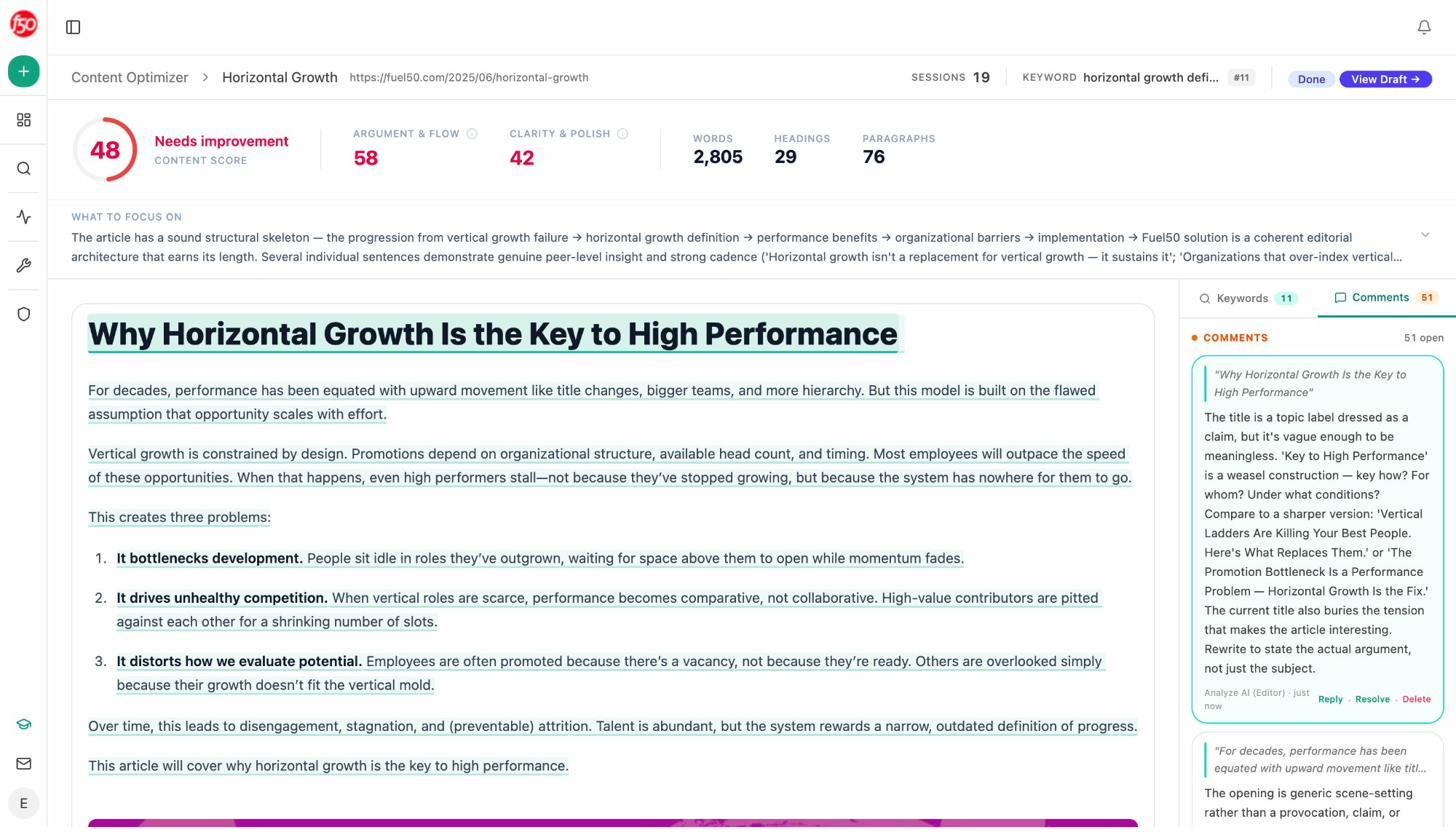 Analyze AI Content Optimizer showing the original content fetched with strategist comments highlighting specific optimization opportunities