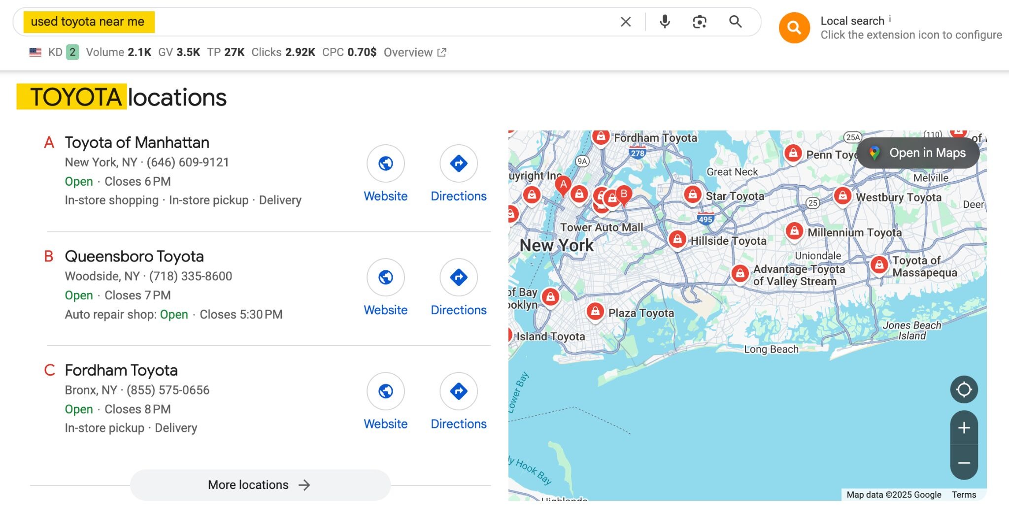 [Screenshot of a Google Map Pack for &ldquo;used Forester&rdquo; showing local dealerships ranking with location, hours, and review counts]