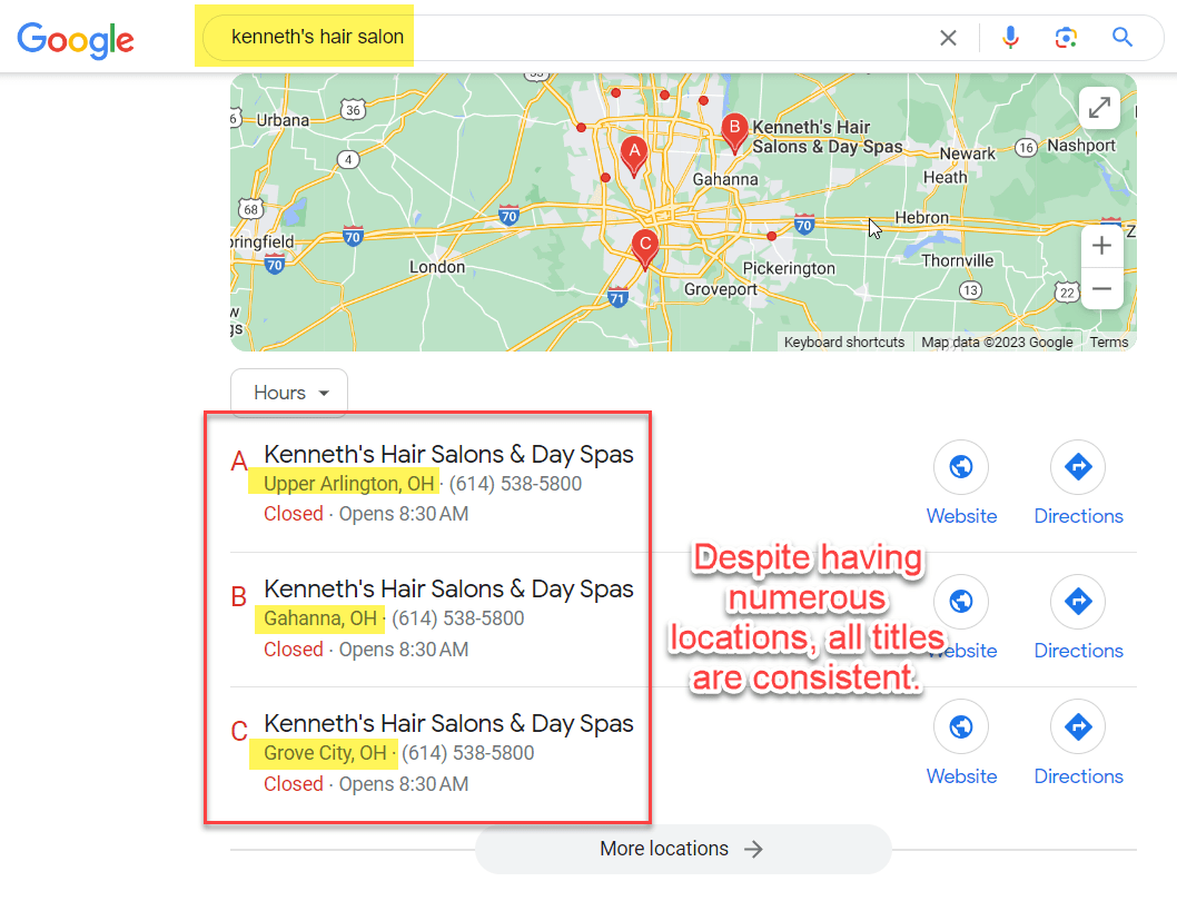[Screenshot of two location pages from a multi-location dealership chain showing the same template filled with location-specific NAP, photos, and reviews]