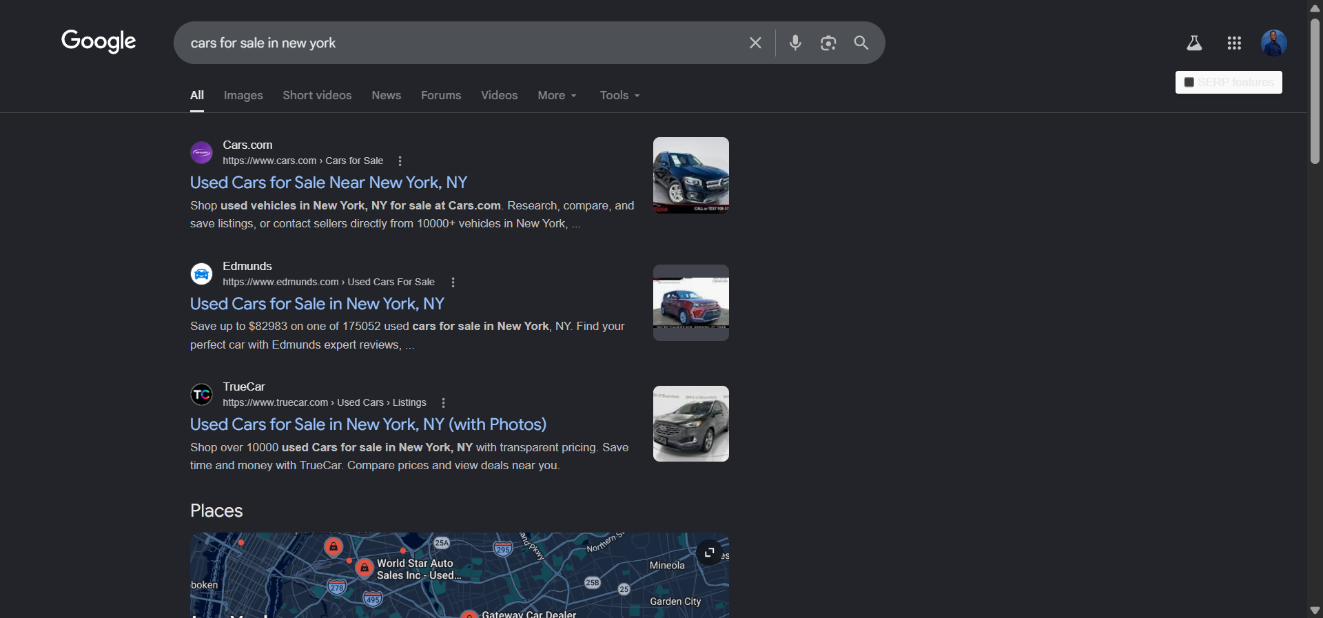 [Screenshot of Google Vehicle Listings appearing inline in a &ldquo;cars for sale&rdquo; Google search]