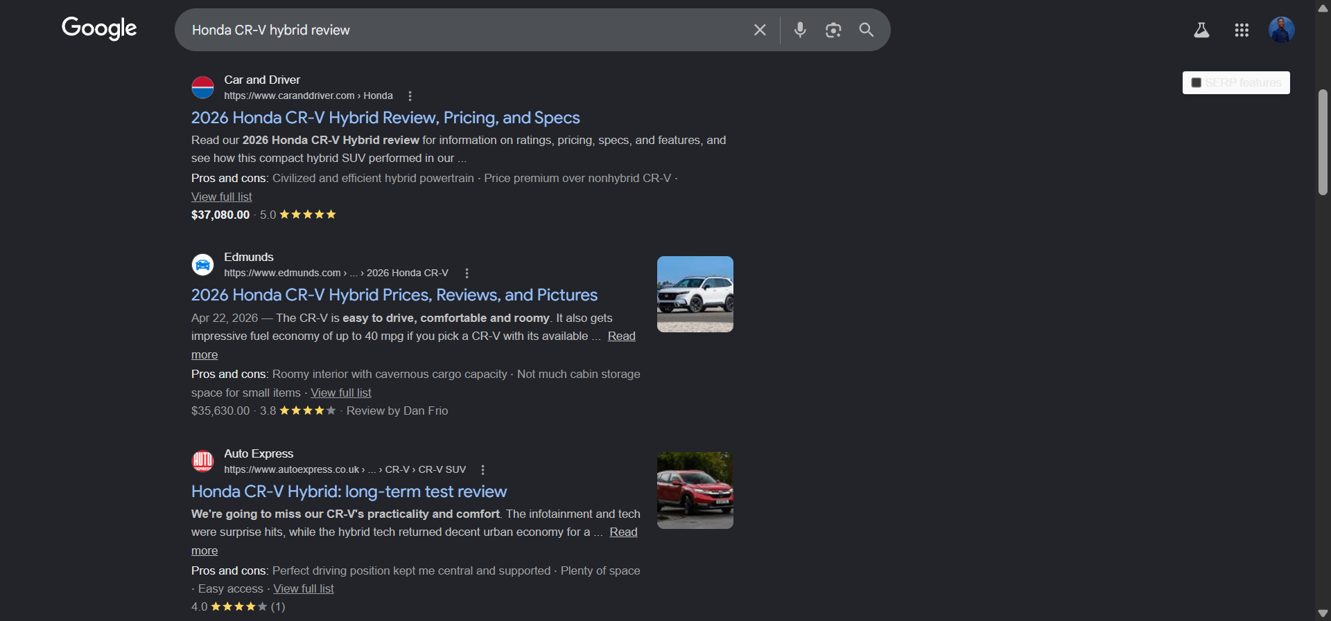 [Screenshot of a Google SERP for a car model query showing the YouTube video carousel above the text results]