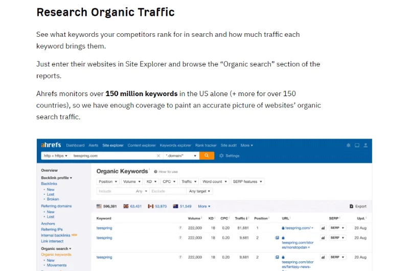 [Screenshot of Ahrefs Site Explorer Organic keywords report with KD and Traffic columns highlighted, sorted by traffic descending]
