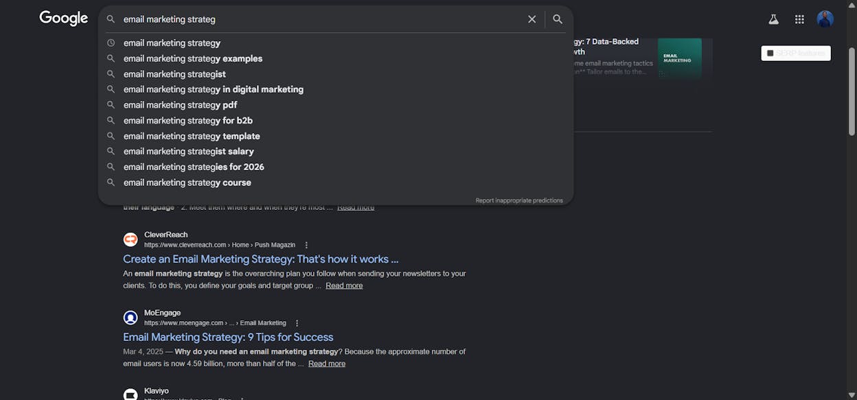 [Screenshot of Google Autocomplete suggestions for the competitor&rsquo;s brand name plus seed terms]